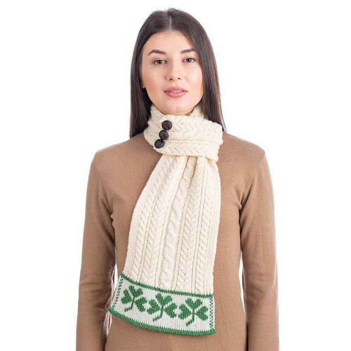 SAOL Buttoned Looped Merino Wool Ladies Scarf with Shamrocks Natural Color ML197 ShamrockGift.com