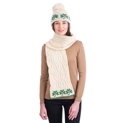 SAOL Women's Aran Shamrock 100% Merino Wool Knit Scarf Natural ML251 ShamrockGift.com