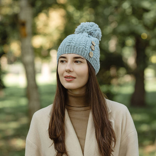 ML302 103 Grey Aran Button Pom-Pom Hat ShamrockGift.com