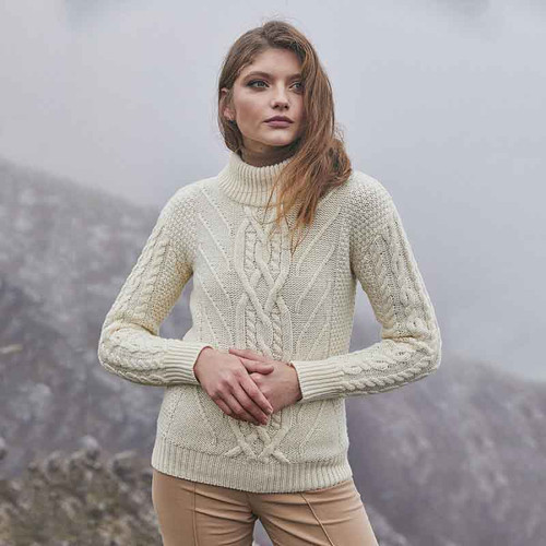 Saol Ladies Turtle Neck Cable Sweater ML900 Natural ShamrockGift.com