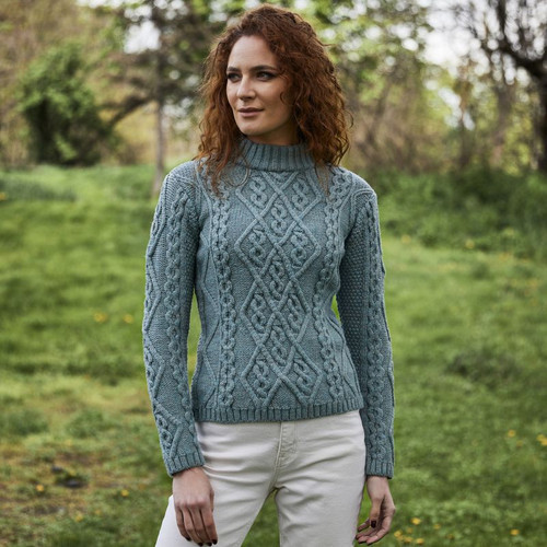 ML905-113 Misty Blue Color SAOL Soft Merino Ladies Diamond Aran Sweater Shop On ShamrockGift.com