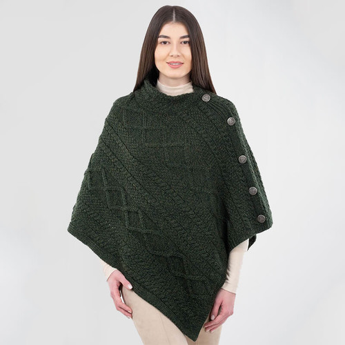 ML906-102 ARMY GREEN Colour Merino Irish Poncho with Button Detail Lifestyle Front ShamrockGift.com