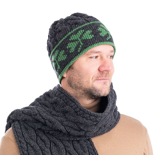 SAOL Men's Wool Cable Knit Hat with Shamrock Design Charcoal Color MM199 ShamrockGift.com
