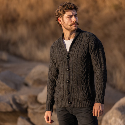 Saol Men's Aran Cable Shawl-Collar Cardigan MM200 Charcoal Shamrockgift.com