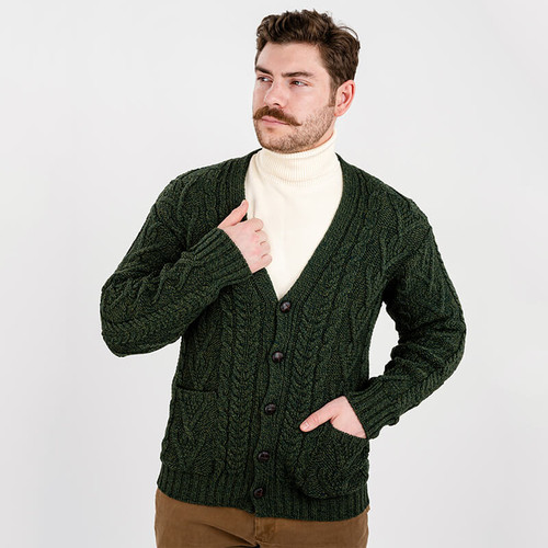 MM201-102 Mens Merino Wool Irish Cable Knit V-Neck Cardigan ShamrockGift.com