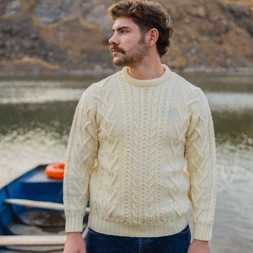MM202 Natural Traditional Men's Crew Neck Aran Sweater ShamrockGift.com