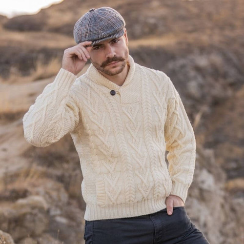 MM203100 Men's Single Button Shawl Collar Aran Sweater ShamrockGift.com