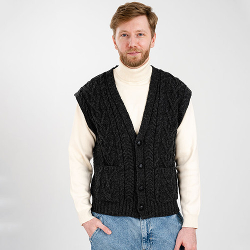 SAOL Men's Sleeveless Aran Cardigan MM207 Charcoal Front ShamrockGift.com