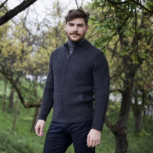 SAOL Men's Full-Zip Cable Knit Cardigan MM223 Charcoal ShamrockGift.com