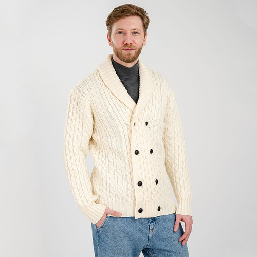 MM225 Men's Aran Shawl Collar Cardigan Natural Front ShamrockGift.com
