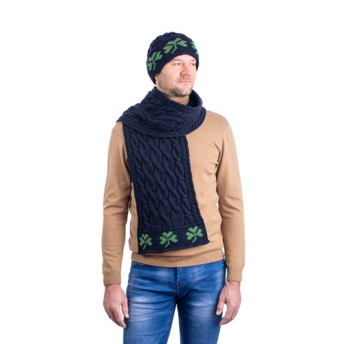 SAOL Irish Aran Knit Cable Pattern Scarf with Shamrocks MM255 Navy ShamrockGift.com