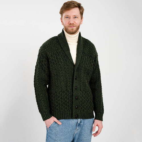 MM904 Men's Irish Aran Shawl Neck Cardigan Army Green Front ShamrockGift.com