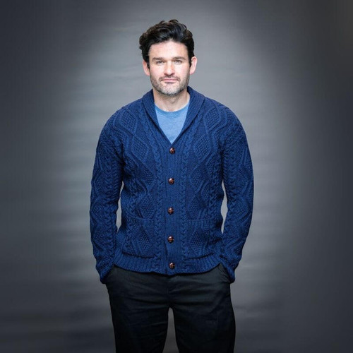 OAC-6011 Traditional Men's Merino Wool Shawl Collar Cardigan Blue ShamrockGift.com
