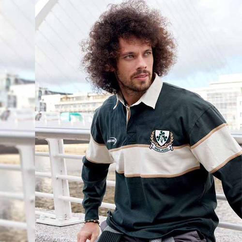 Ireland Three Shamrock Crest Long Sleeve Rugby Shirt Front View R3079 ShamrockGift.com