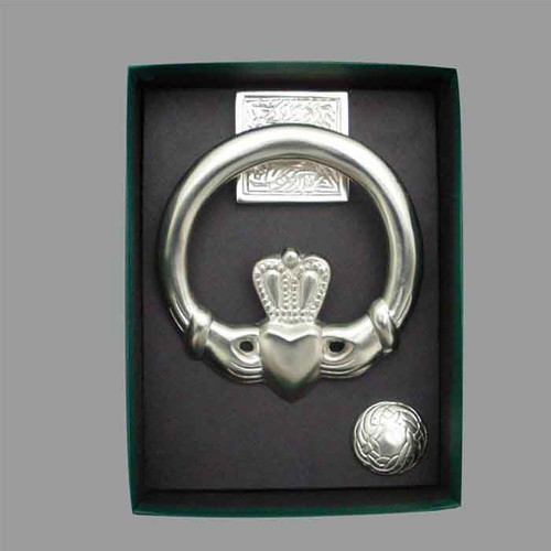Robert Emmet Company Large Claddagh Door Knocker with Square back Satin Nickel Silver RE5801-S Shamrockgift.com
