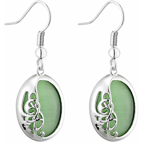 Solvar Rhodium Bok Green Cat Eye Drop Earrings S33853 Shamrockgift.com