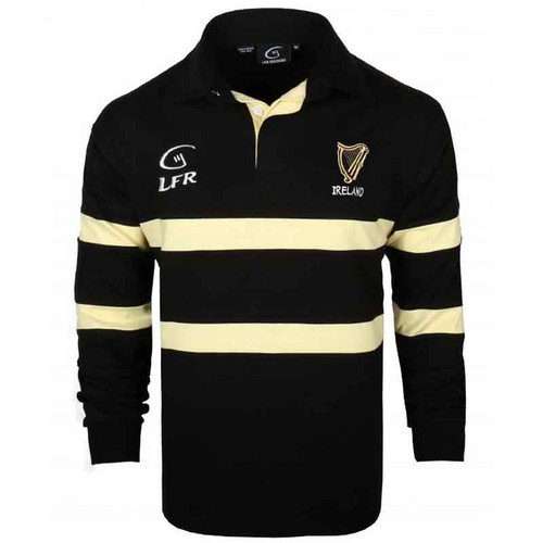 Malham USA Harp Ireland Longsleeve Striped Rugby RSLSH-BLACK Close Up ShamrockGift.com