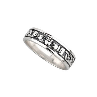 Solvar Sterling Silver Ladies Ring With Oxidised Claddagh Band Design Front View and Inlined S2829 ShamrockGift.com