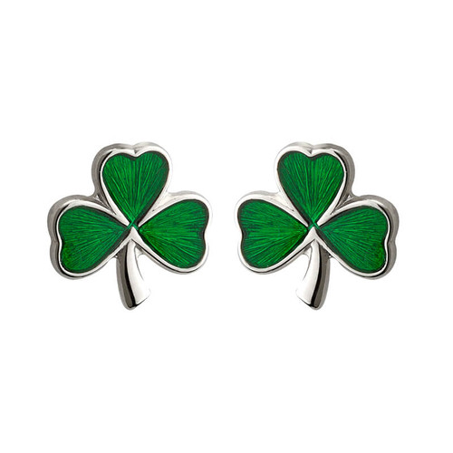 Solvar Small Sterling Silver Stud Earrings with Green Enameled Shamrock Leaf Shape Design S3255 ShamrockGift.com