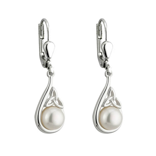 Sterling Silver Drop Earrings with Trinity Knot and Pearls Design S33281 ShamrockGift.com