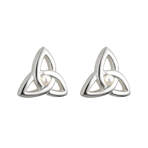 Communion Pearl Stud Earrings with Trinity Knot Shape Design ShamrockGift.com