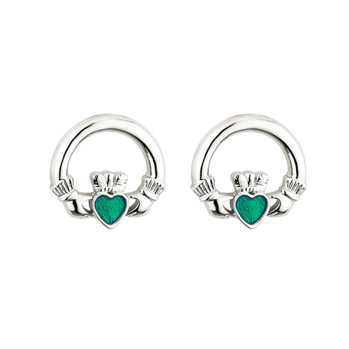 Solvar S33915 Rhodium Irish Claddagh Stud Earrings with Green Crystal Heart ShamrockGift.com