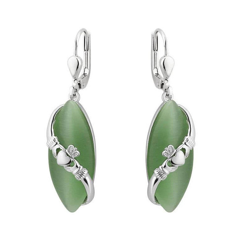 S34045 Sterling Silver Celtic Cat Eye Claddagh Drop Earrings ShamrockGift.com