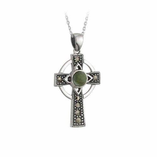 Solvar Silver Connemara Marble Marcasite Cross Pendant S44727 Shamrockgift.com