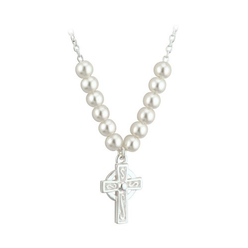 Holy Communion Pearl Cross Pendant S45070 ShamrockGift.com