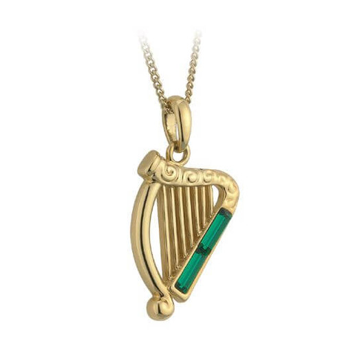 Gold Plated Harp Shaped Pendant with Emerald Stones ShamrockGift.com