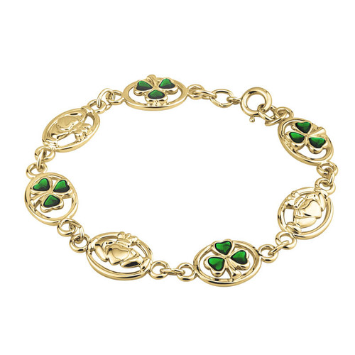 Gold Plated Bracelet with Linked Claddagh and Shamrock Leaves ShamrockGift.com