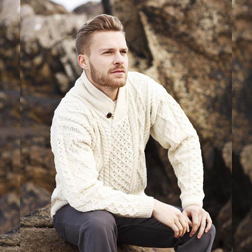SAOL Knitwear Men's One Button Shawl Wool Collar Cable Sweater Natural SA209 ShamrockGift.com