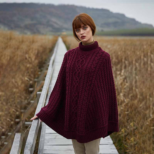 SAOL Fisherman Knit Poncho ML165 Wine Lifestyle ShamrockGift.com