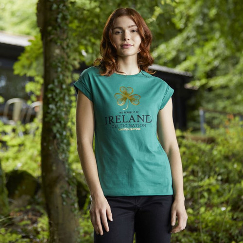 T4215 Green Shamrock Ireland Ladies T Shirt ShamrockGift.com