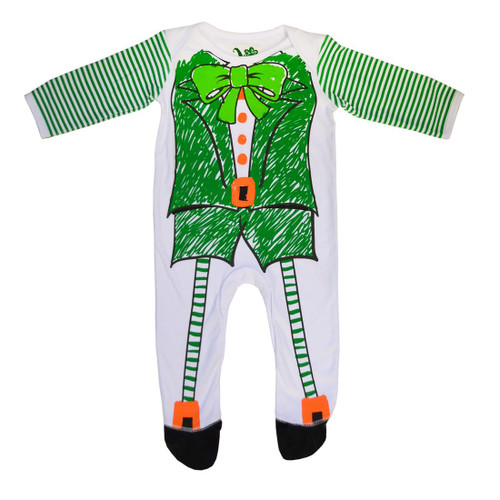 Traditional Craft Limited White/Green Sketch Leprechaun Baby Romper T7507 ShamrockGift.com
