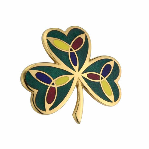 Gold Plated Brooch in a Shamrock Leaf Shape with Trinity Knots Details ShamrockGift.com
